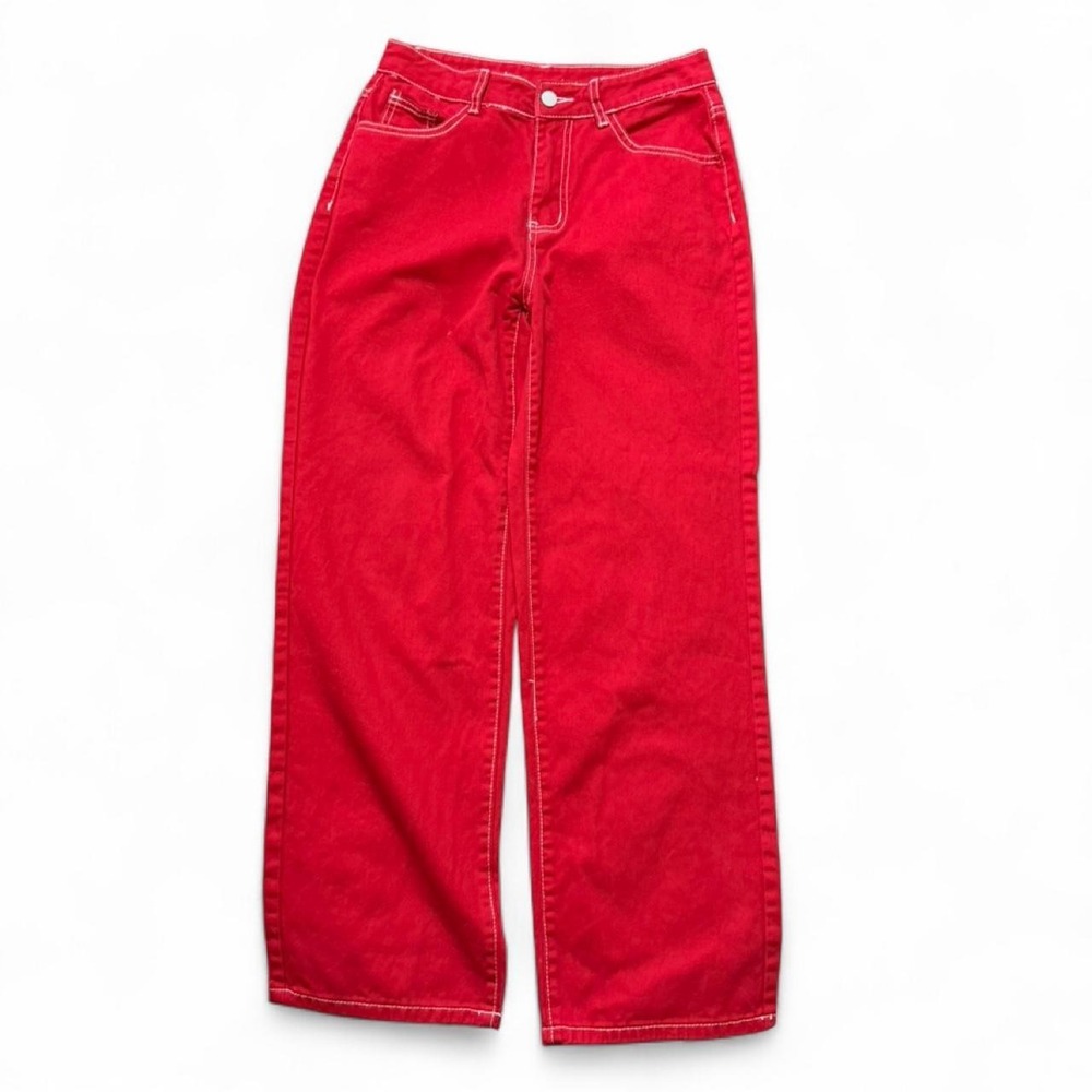 SHEIN‎ Vibrant Red Wide Leg Jeans With Contrast Stitching, Women's Size 28"